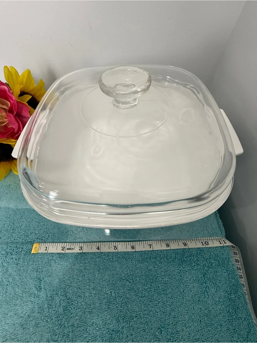 Corningware White Casserole with Blue Floral Motif and Glass Lid 11x11 in